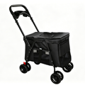 Pet Stroller for Small Medium Pets, Foldable 4-Wheel Design with Breathable Mesh, Shockproof Wheels, Brake System, Storage Tray, 2 Fixed Leashes, Black Carbon Steel Frame