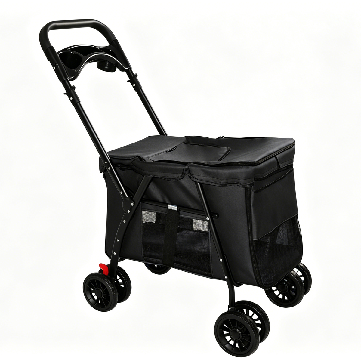 Pet Stroller for Small Medium Pets, Foldable 4-Wheel Design with Breathable Mesh, Shockproof Wheels, Brake System, Storage Tray, 2 Fixed Leashes, Black Carbon Steel Frame