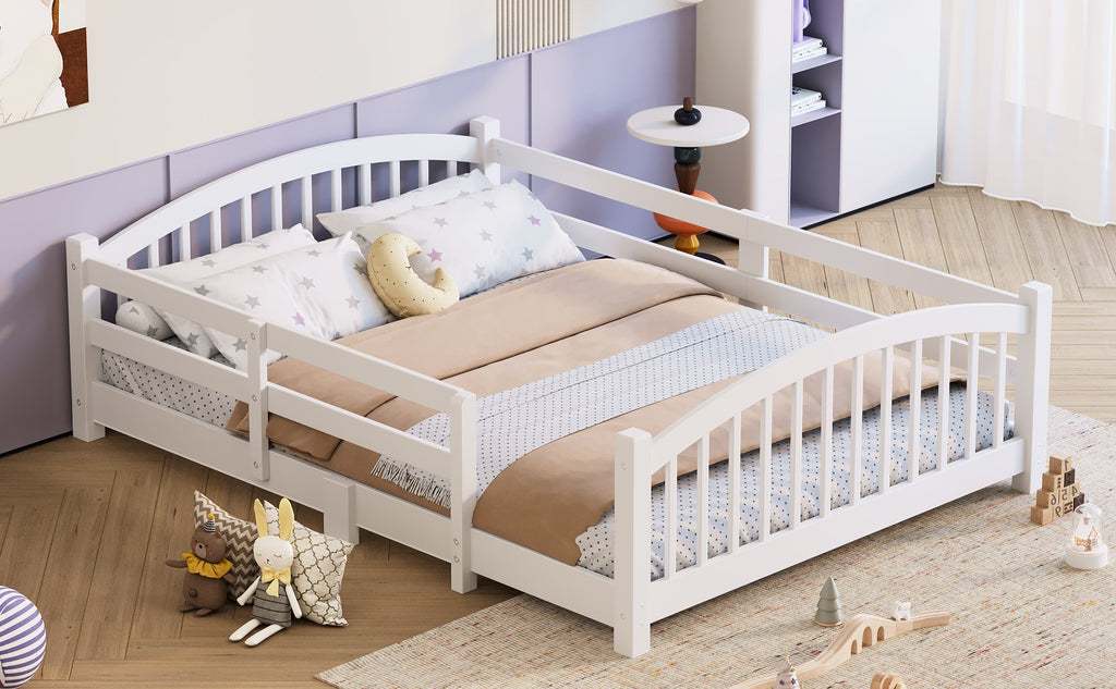 Full Montessori Floor Bed with Slats and Safety Guardrails, Solid Wood Floor Bed with Fence and Without Door, Easy Assemble Montessori Bed for Girls and Boys, Gray