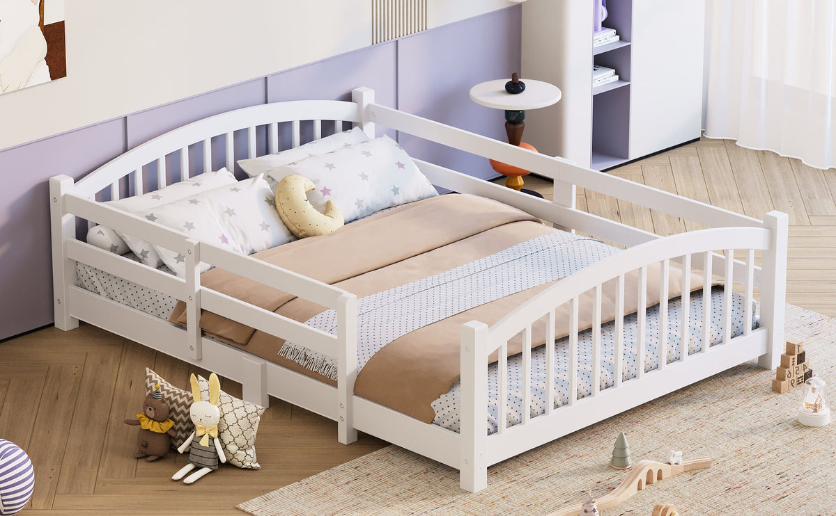 Full Montessori Floor Bed with Slats and Safety Guardrails, Solid Wood Floor Bed with Fence and Without Door, Easy Assemble Montessori Bed for Girls and Boys, Gray