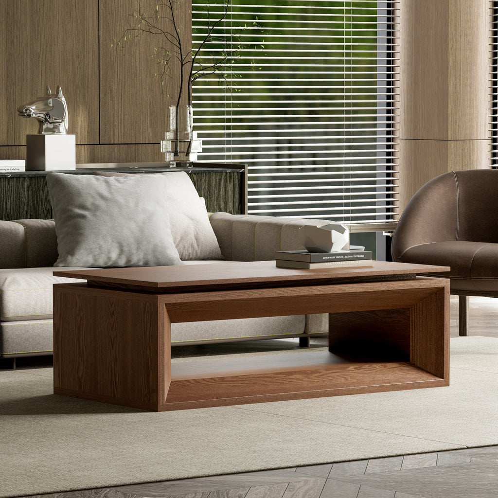 Lift-top coffee table with raised floating work surface