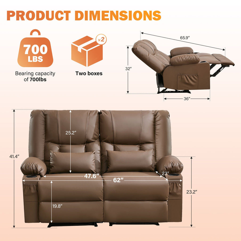 Recliner Loveseat with Massage and Heating for Living Room,Love Seat Manual Oversized Recliner with Cup Holders,Side Pocket for Adult,BLACK