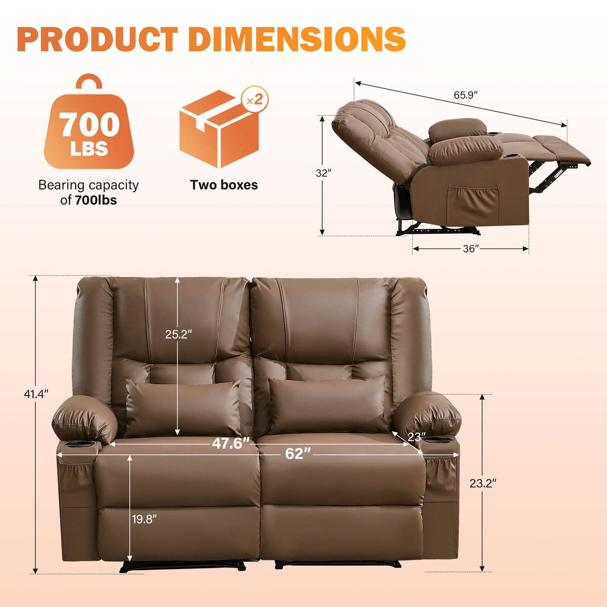 Recliner Loveseat with Massage and Heating for Living Room,Love Seat Manual Oversized Recliner with Cup Holders,Side Pocket for Adult,BLACK