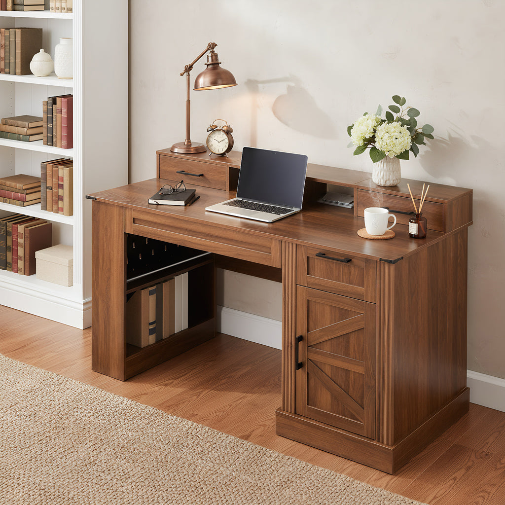 Dark walnut home office desk with keyboard tray and monitor stand