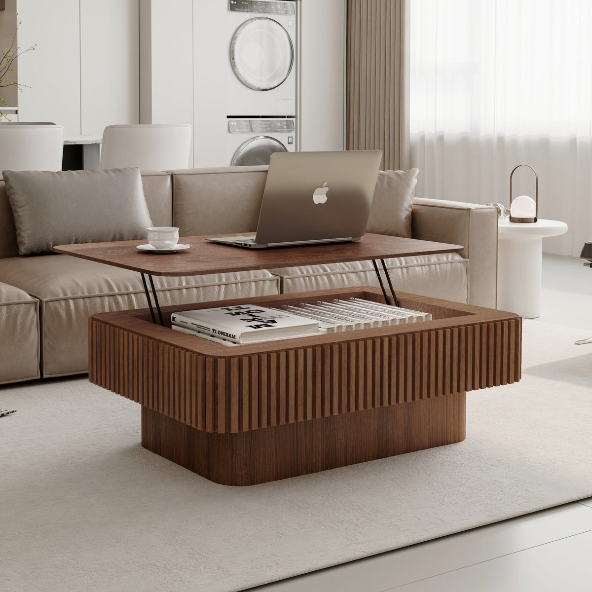38.6'' Fluted Lift-top Coffee Table Solid Wood Veneered Modern Coffee Table Accent Tea Table with Storage and Adjustable Height for Living Room, Bedroom, Apartment or Office, Grey