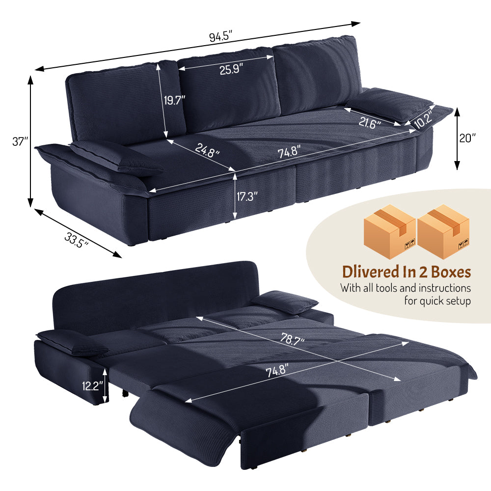 Three-seat blue corduroy sofa side profile