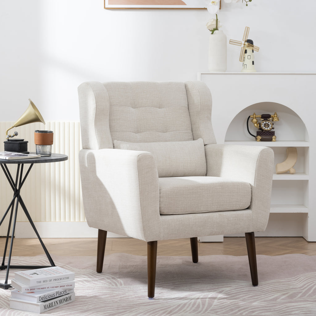 Mid-century accent chair in beige chenille — angle view
