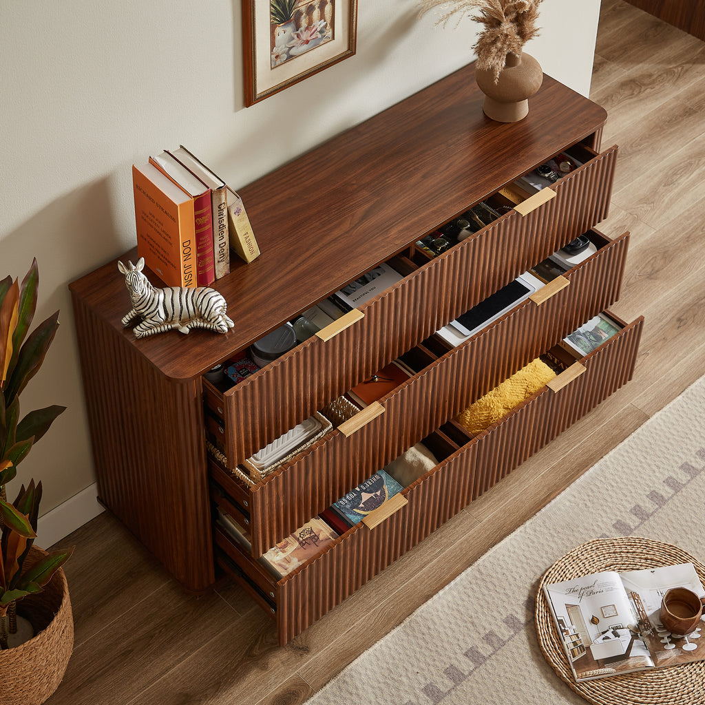 Walnut dresser six drawer storage front detail