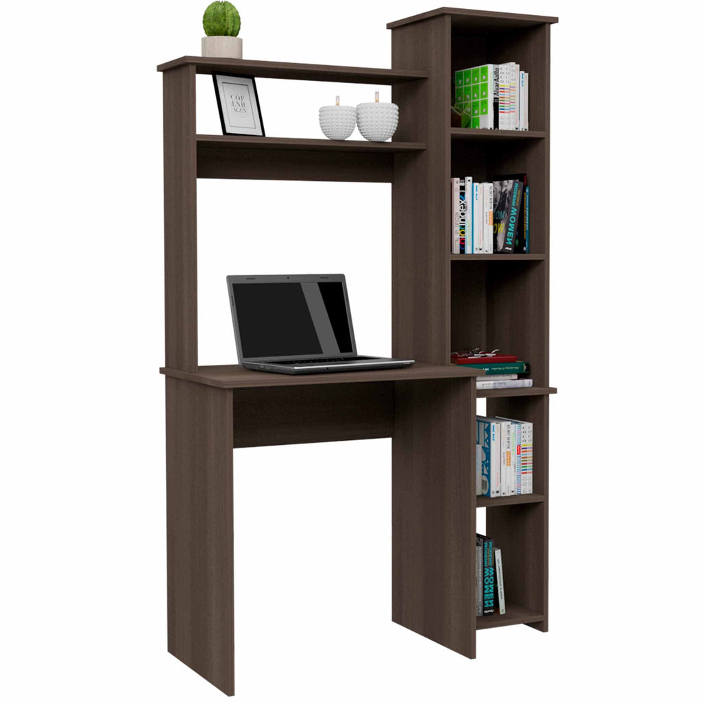 Writing desk with six shelf sections and bookcase tower