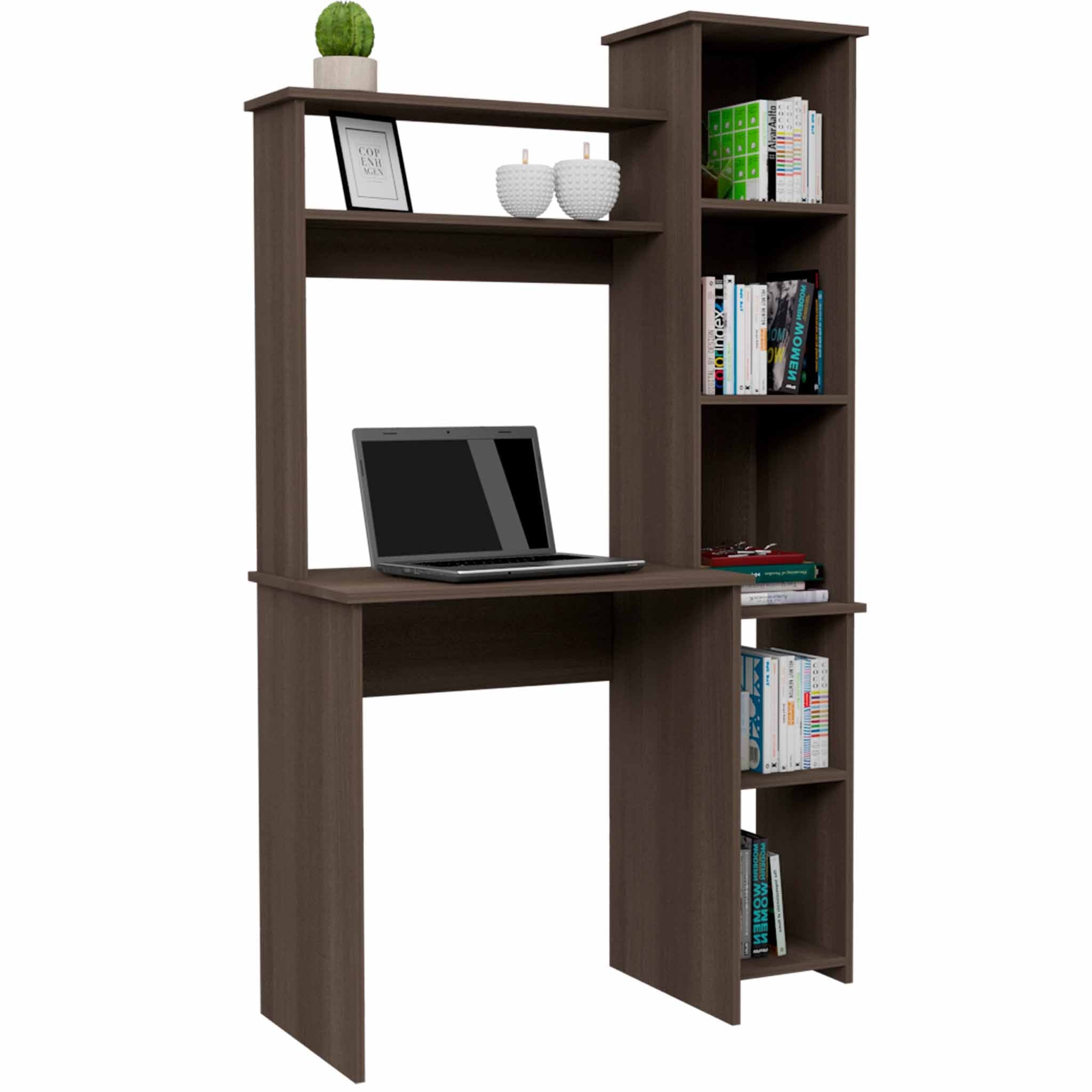 Writing desk with six shelf sections and bookcase tower