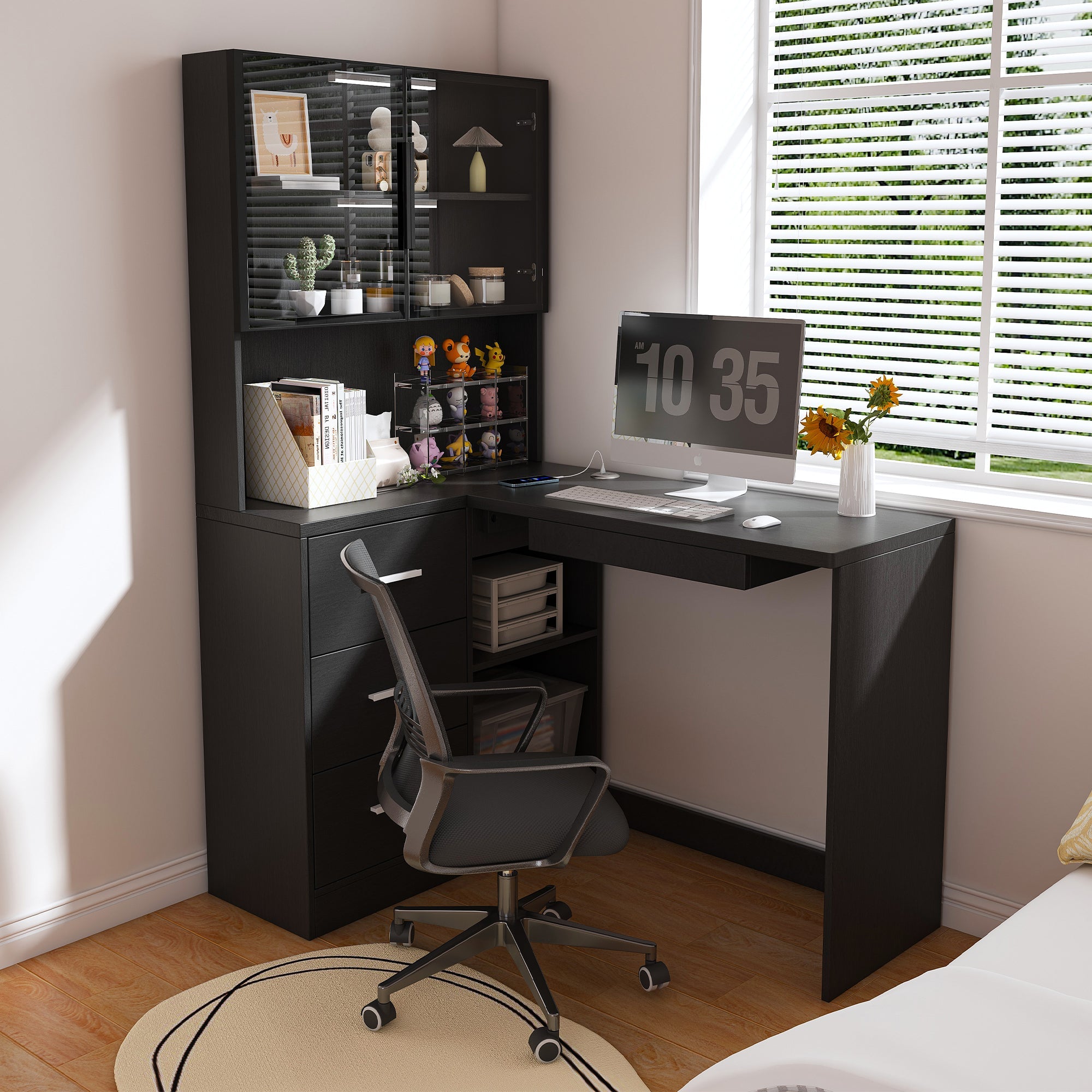 L-Shaped Computer Desk with Glass Cabinets, LED Lights & USB Charging — 43-Inch