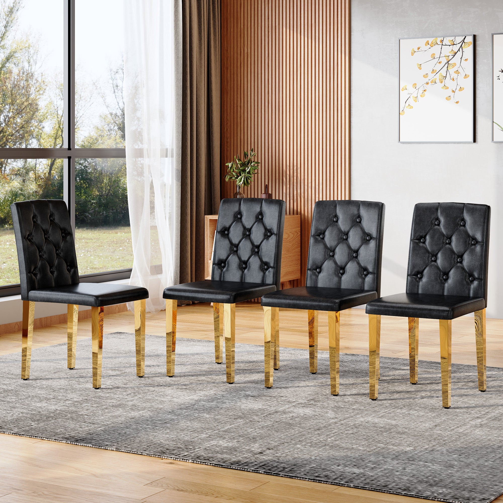 4-pack black PU dining chairs: ergonomic buckle backrest, 35 inches high, golden metal legs,Combines Comfort and Texture.Perfectly suitable for family dining rooms, hotel banquet halls,etc.W1151P29570