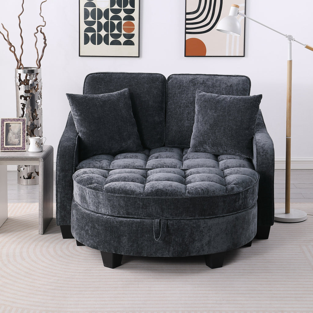 Two-seater sofa, double sofa chaise longue, with irregular armrests and backrests, footrest with storage space, comes with two small throw pillows, suitable for living room and bedroom -Blue