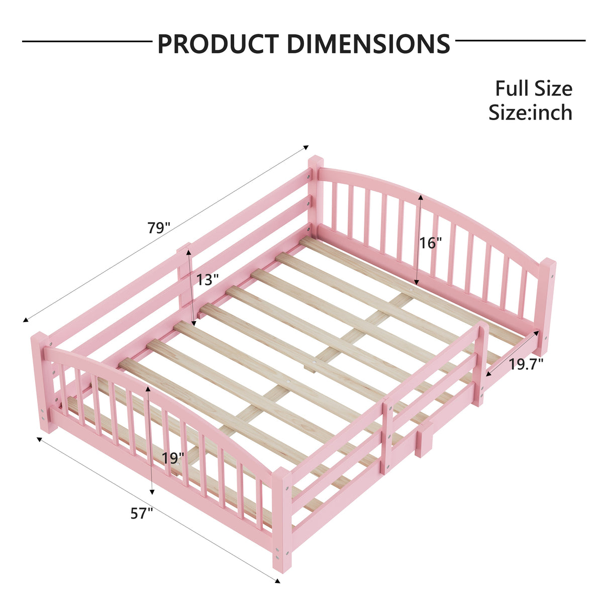 Full Montessori Floor Bed with Slats and Safety Guardrails, Solid Wood Floor Bed with Fence and Without Door, Easy Assemble Montessori Bed for Girls and Boys, Gray