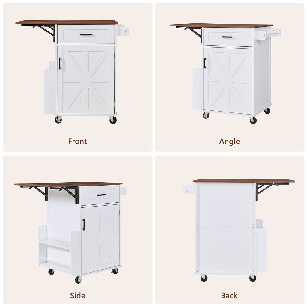 K&K 39.3' Farmhouse Kitchen Island with Drop Leaf, Kitchen Storage Island with Open Side Rack, One Drawer, Towel Rack, Rolling Kitchen Cart with Lockable Wheels for Lawn Garden, Black