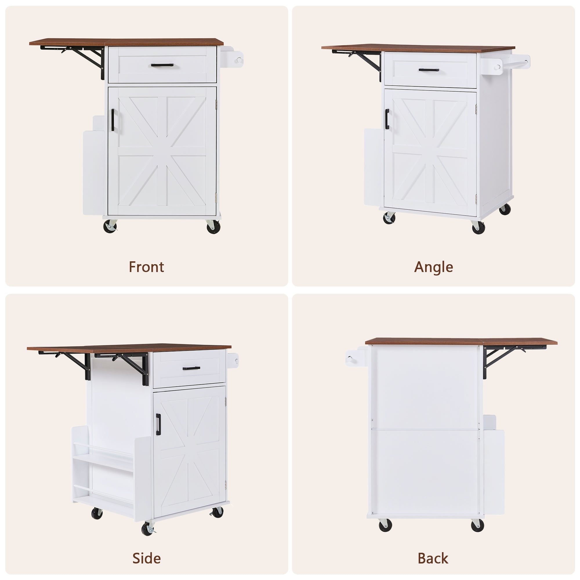 K&K 39.3' Farmhouse Kitchen Island with Drop Leaf, Kitchen Storage Island with Open Side Rack, One Drawer, Towel Rack, Rolling Kitchen Cart with Lockable Wheels for Lawn Garden, Black