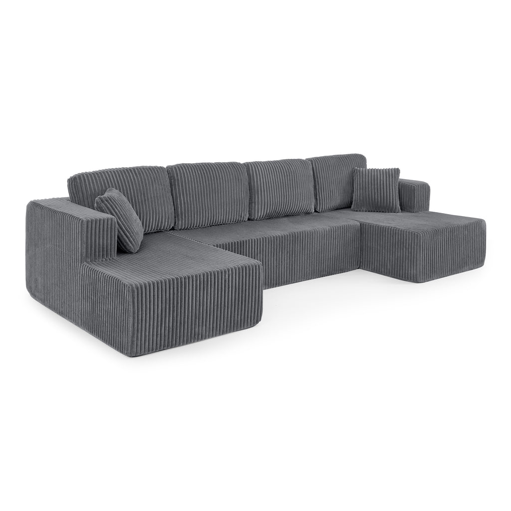 Compressed corduroy sectional sofa three-quarter view