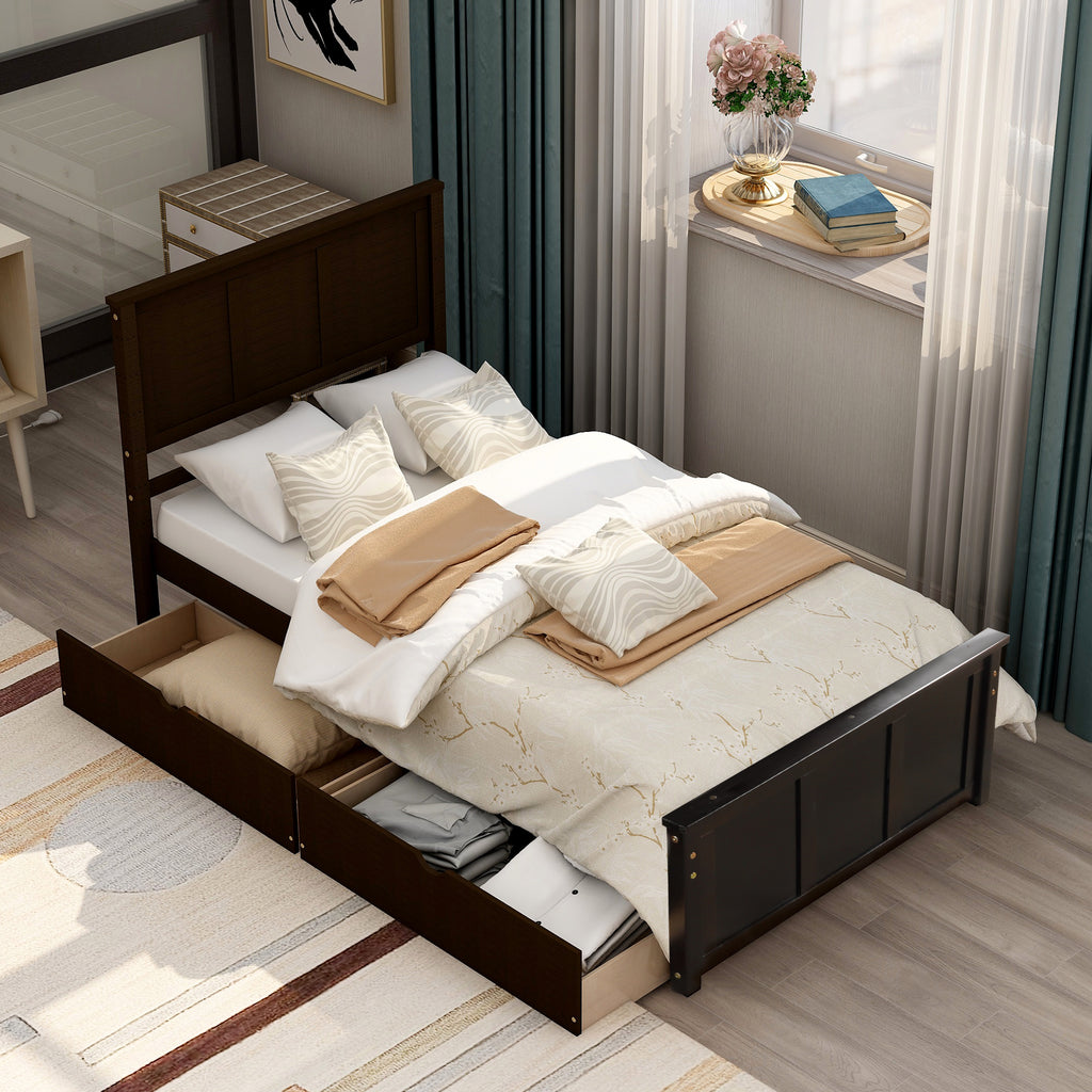 Wheel-base storage drawers underneath platform bed