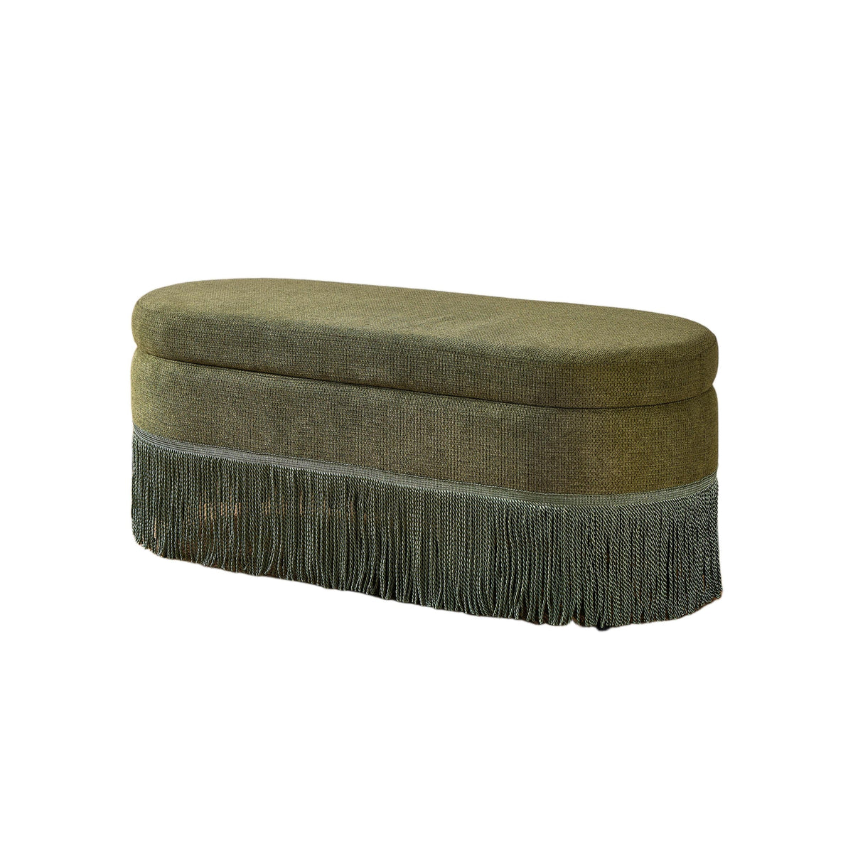 Oval Upholstered Storage Ottoman with Fringe Trim & Lift-Top Lid - 39'L x 16'W x 17'H, Multi-Functional Footrest & Hidden Storage for Living Room or Bedroom - Beige Fabric with Metal Frame