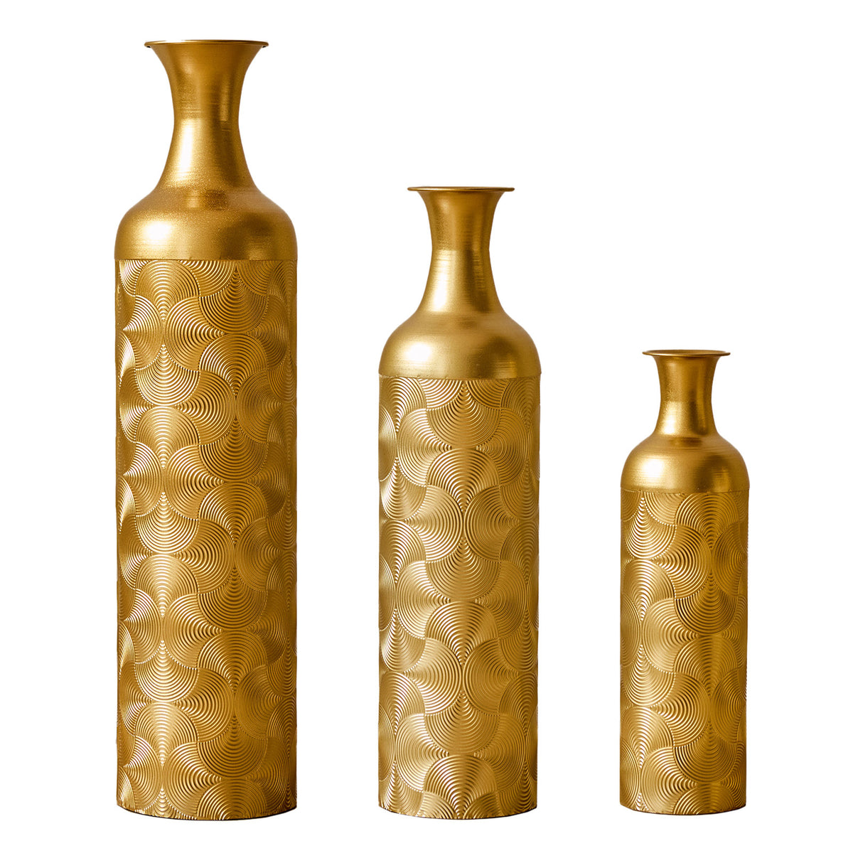 3 Pack Gold Metal Vase Set, Tall Embossed Nested Vases, Semi-Handcrafted Decorative Centerpieces for Home, Living Room, Floor, Fireplace, Not Waterproof