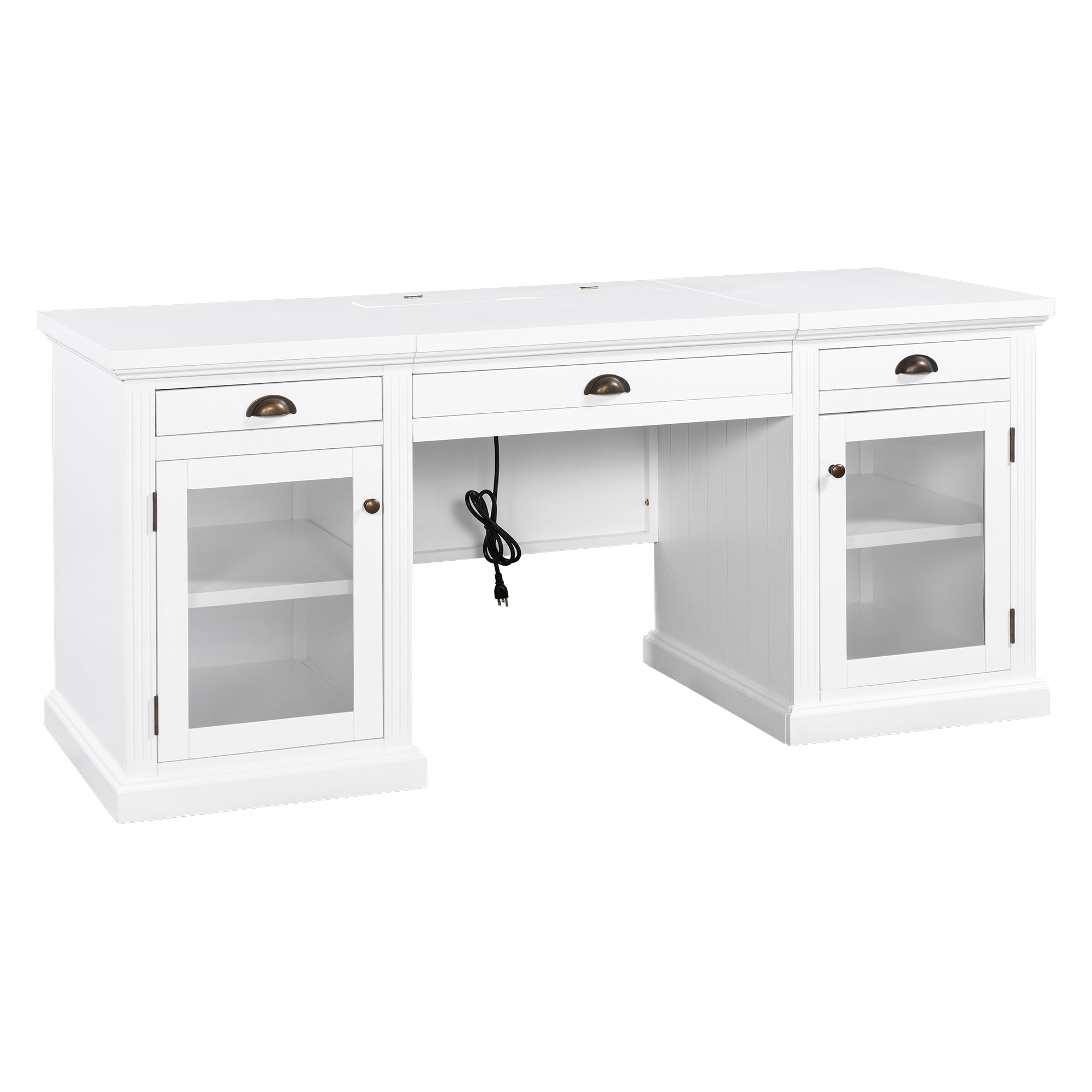 Top drawer open on white executive desk