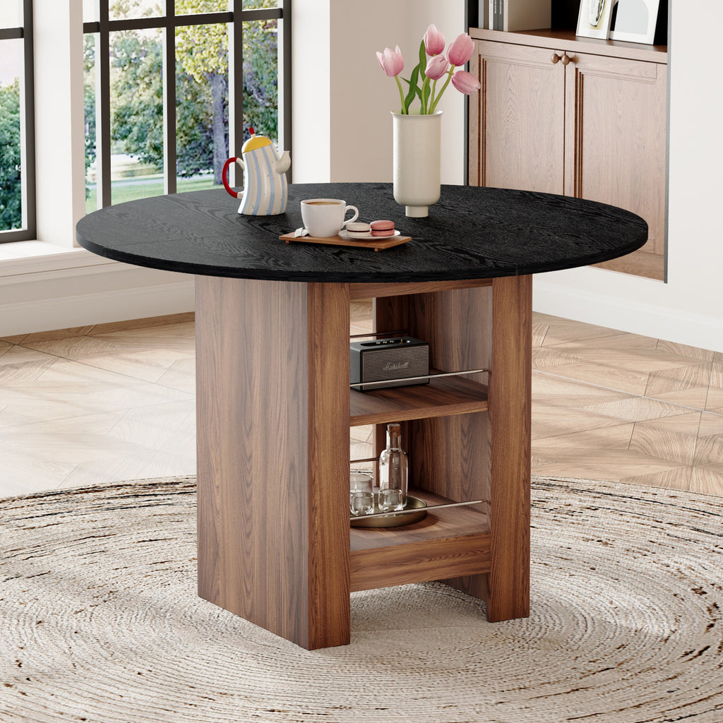 42 inch round MDF black dining table: 30 inches high, with double-layer storage shelves, stable frame, and non slip mats, perfect for American kitchens, restaurants, and apartment spaces, etc.