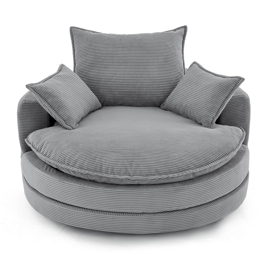 Grey corduroy swivel barrel accent chair — front view