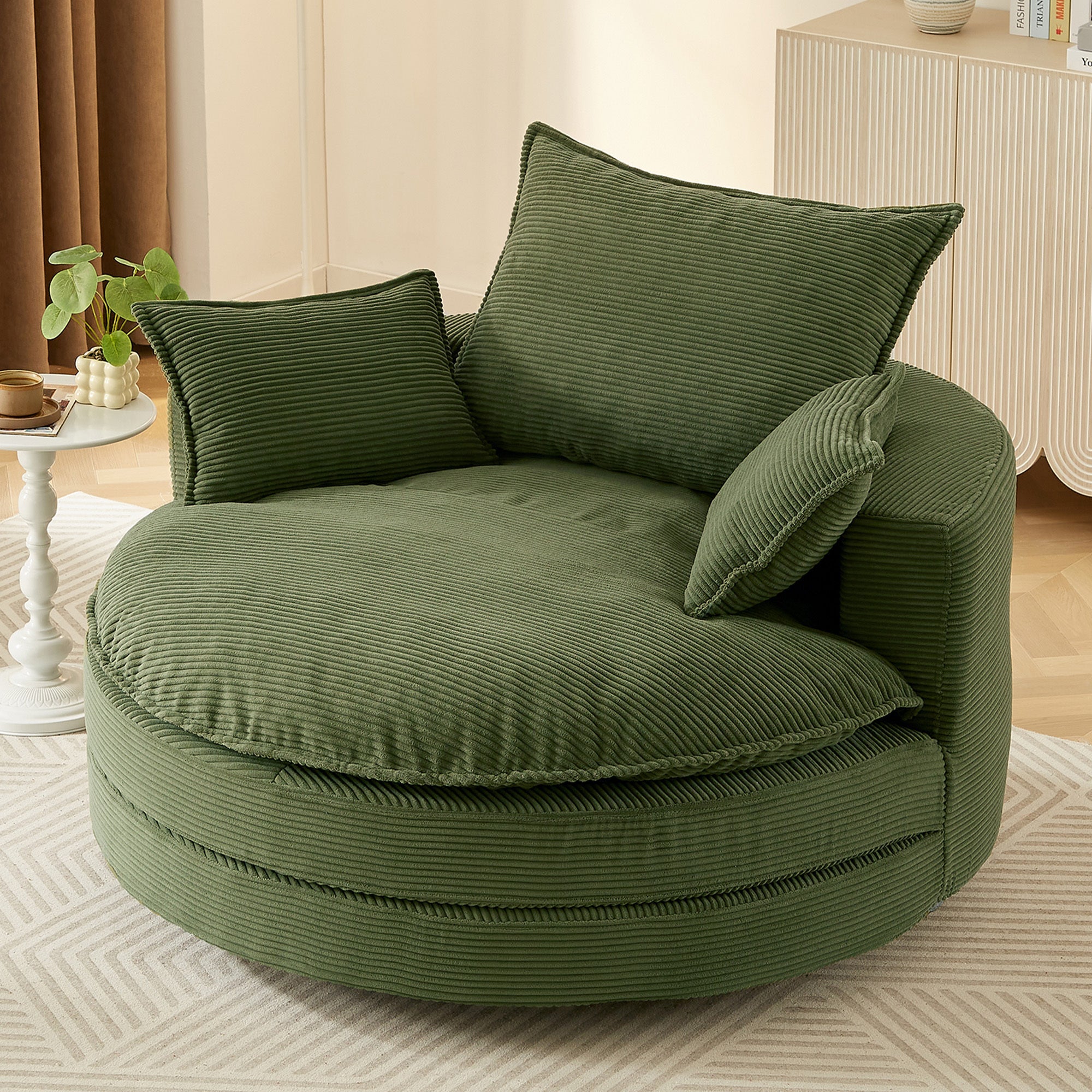 Corduroy Swivel Barrel Chair — 360° with Removable Pillows