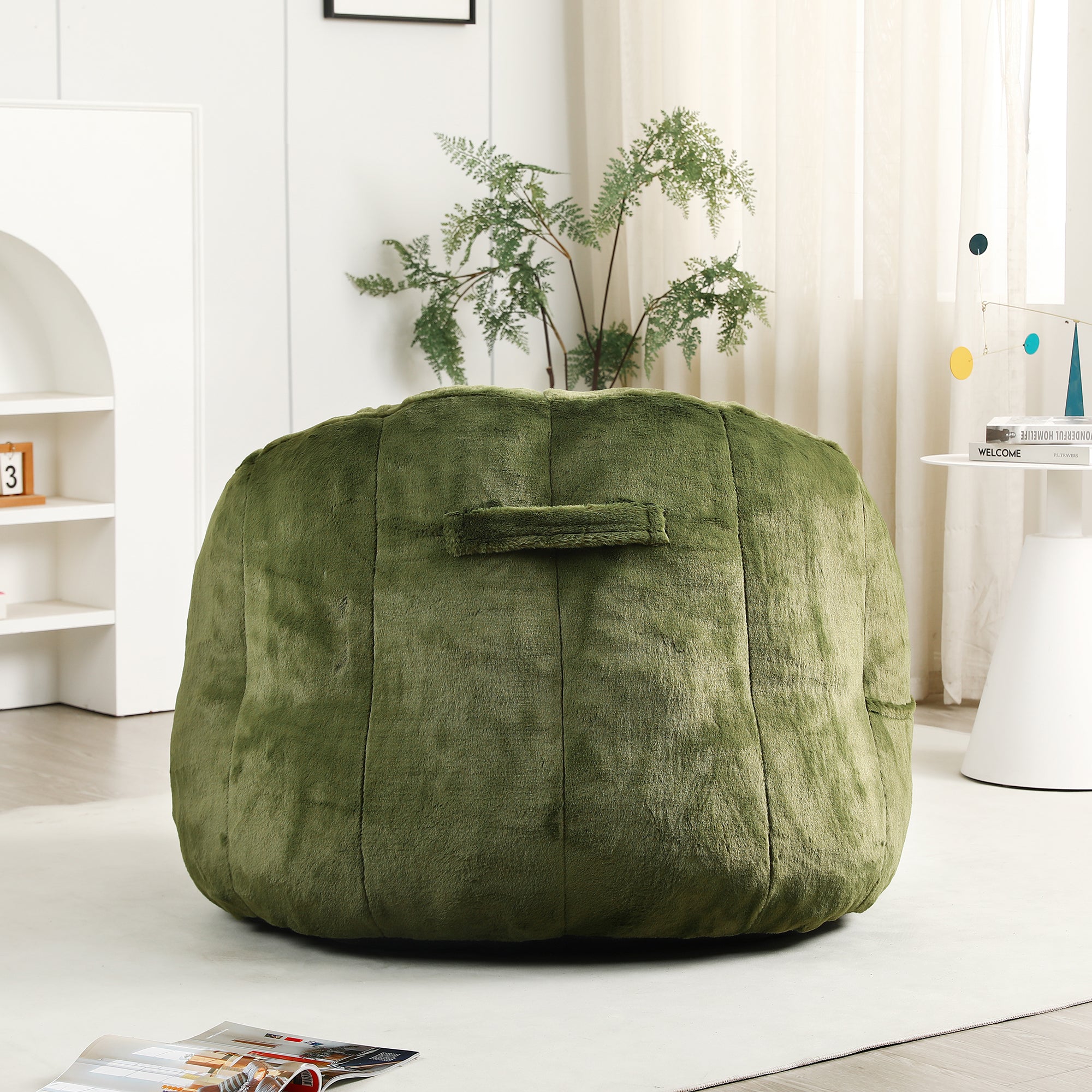 Green faux fur bean bag — side profile