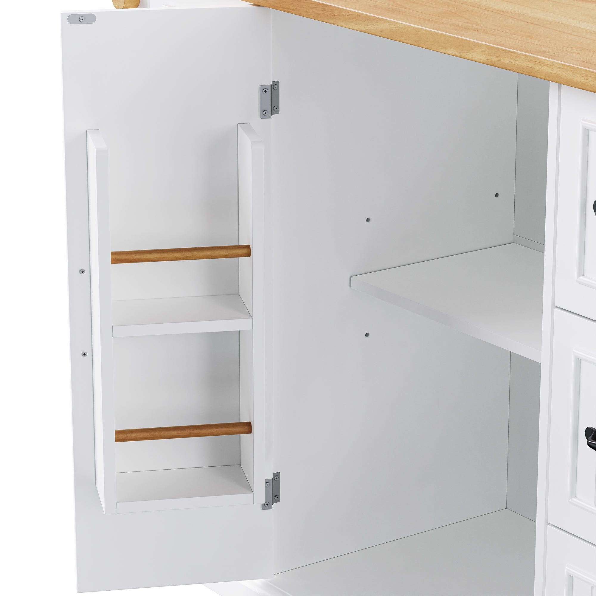 K&K 56 inch Kitchen Island with Rubber Wood Veneer Drop Leaf, Power Outlet, 4 Door Shelves, Embossed Vertical Stripe Rolling Kitchen Cart on 4 Wheels with 6 Deep Drawers for Kitchen, Dining Room,Black