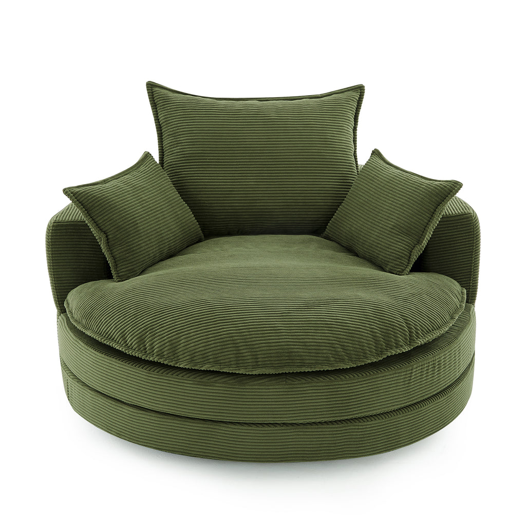 Green corduroy swivel barrel chair — front view