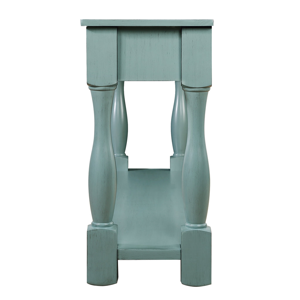 Retro blue wood console table drawer open view