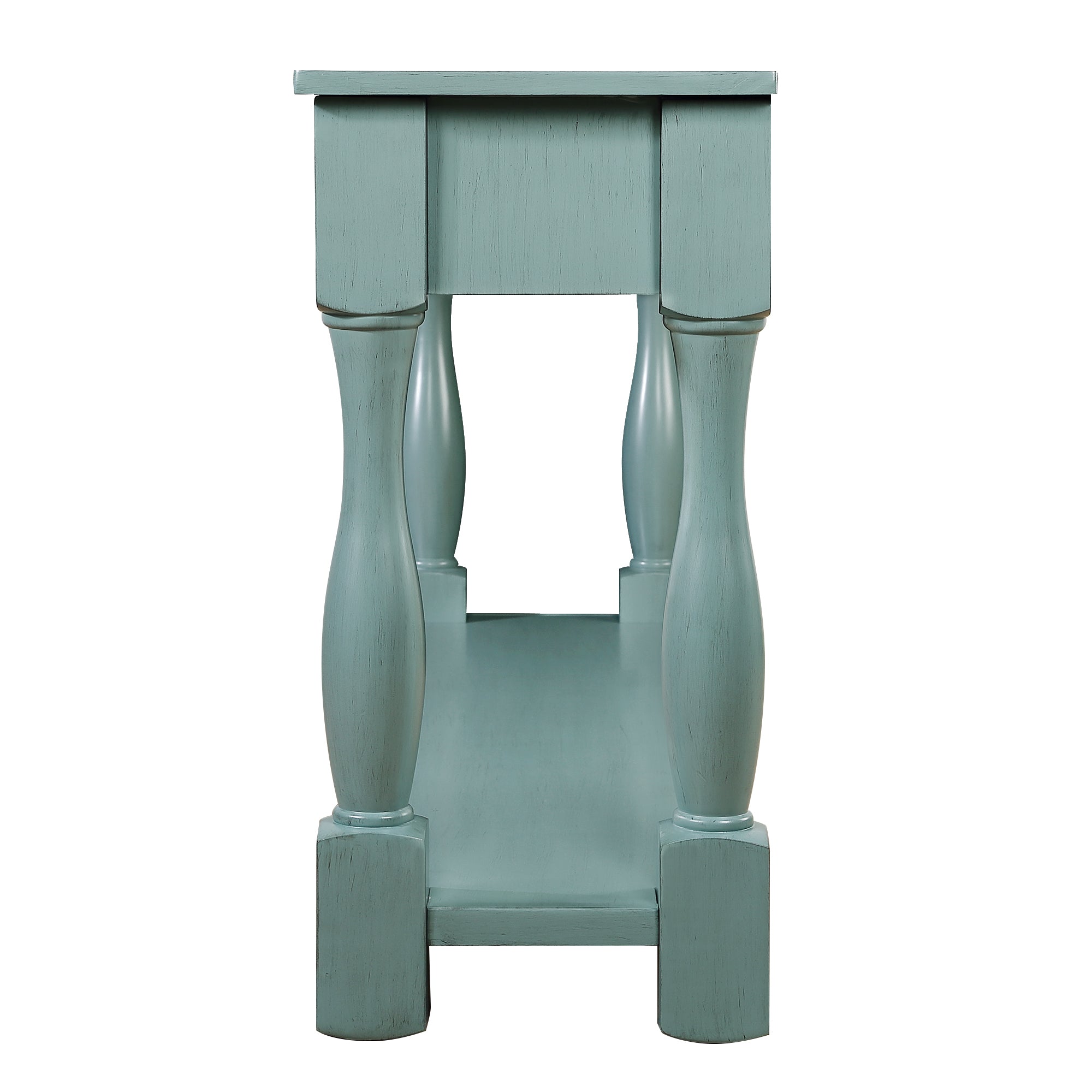 Retro blue wood console table drawer open view
