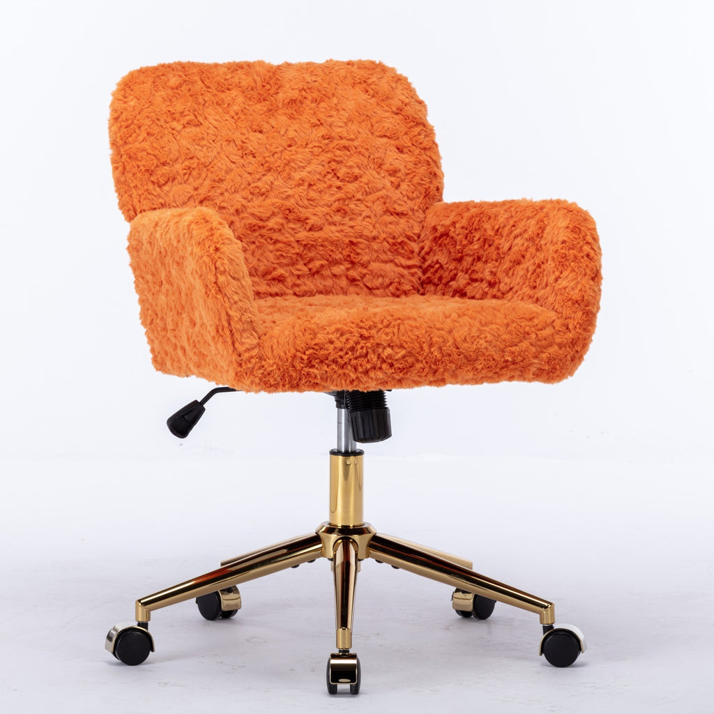 Orange faux fur office chair with gold metal base — front view