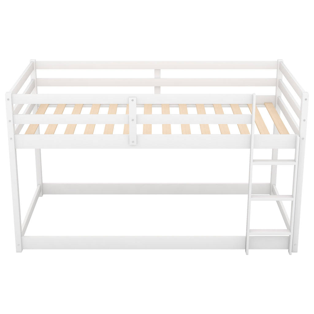 White twin-over-twin floor bunk bed with ladder — front view