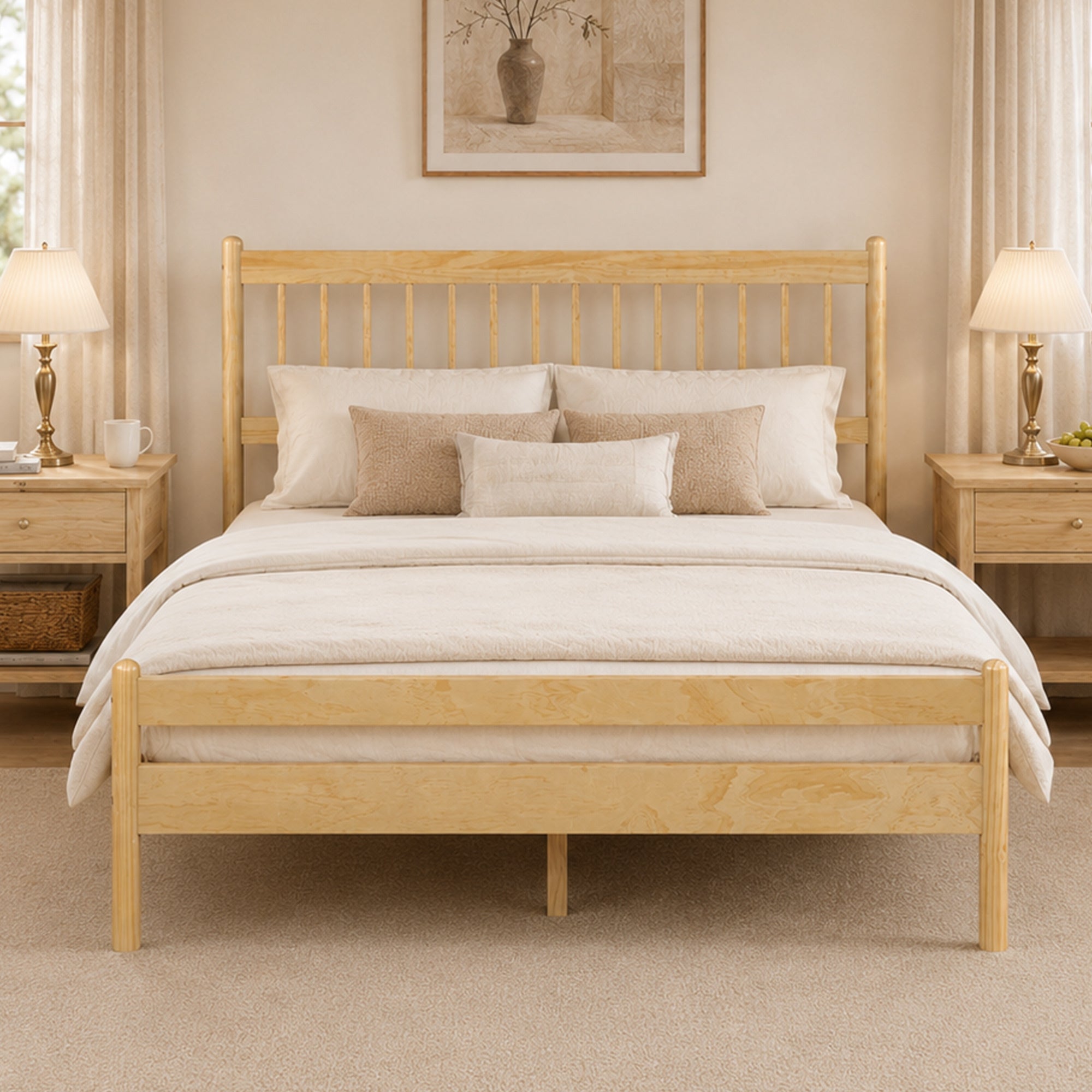 Traditional Style Queen Size Bed with Headboard and Footboard, Pinewood Bed with Strengthened Bed Frame ,Walnut
