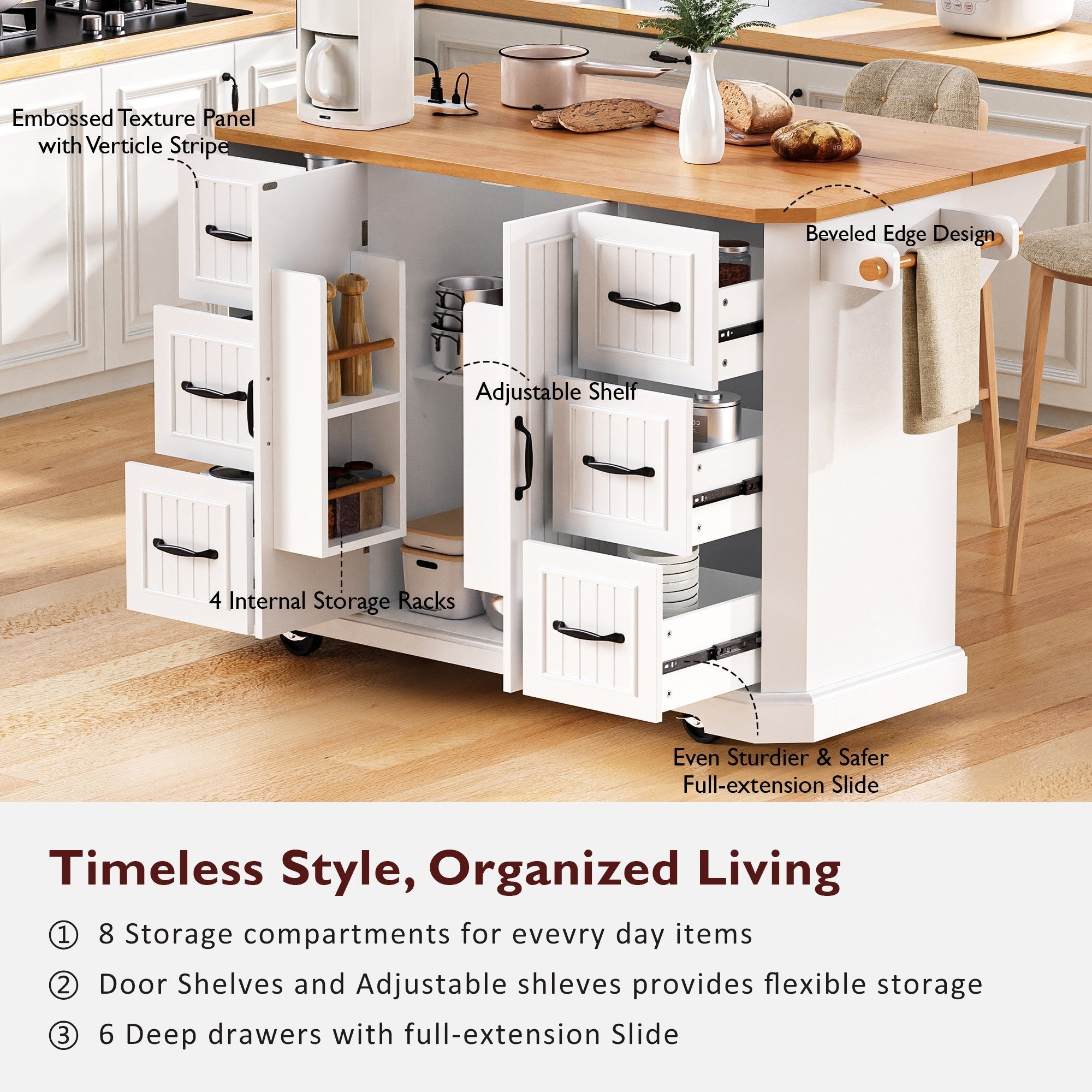 K&K 56 inch Kitchen Island with Rubber Wood Veneer Drop Leaf, Power Outlet, 4 Door Shelves, Embossed Vertical Stripe Rolling Kitchen Cart on 4 Wheels with 6 Deep Drawers for Kitchen, Dining Room,Black