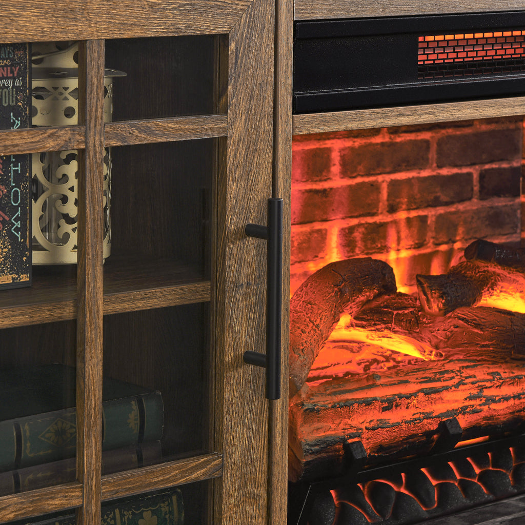 Reclaimed barnwood electric fireplace TV stand full product photo