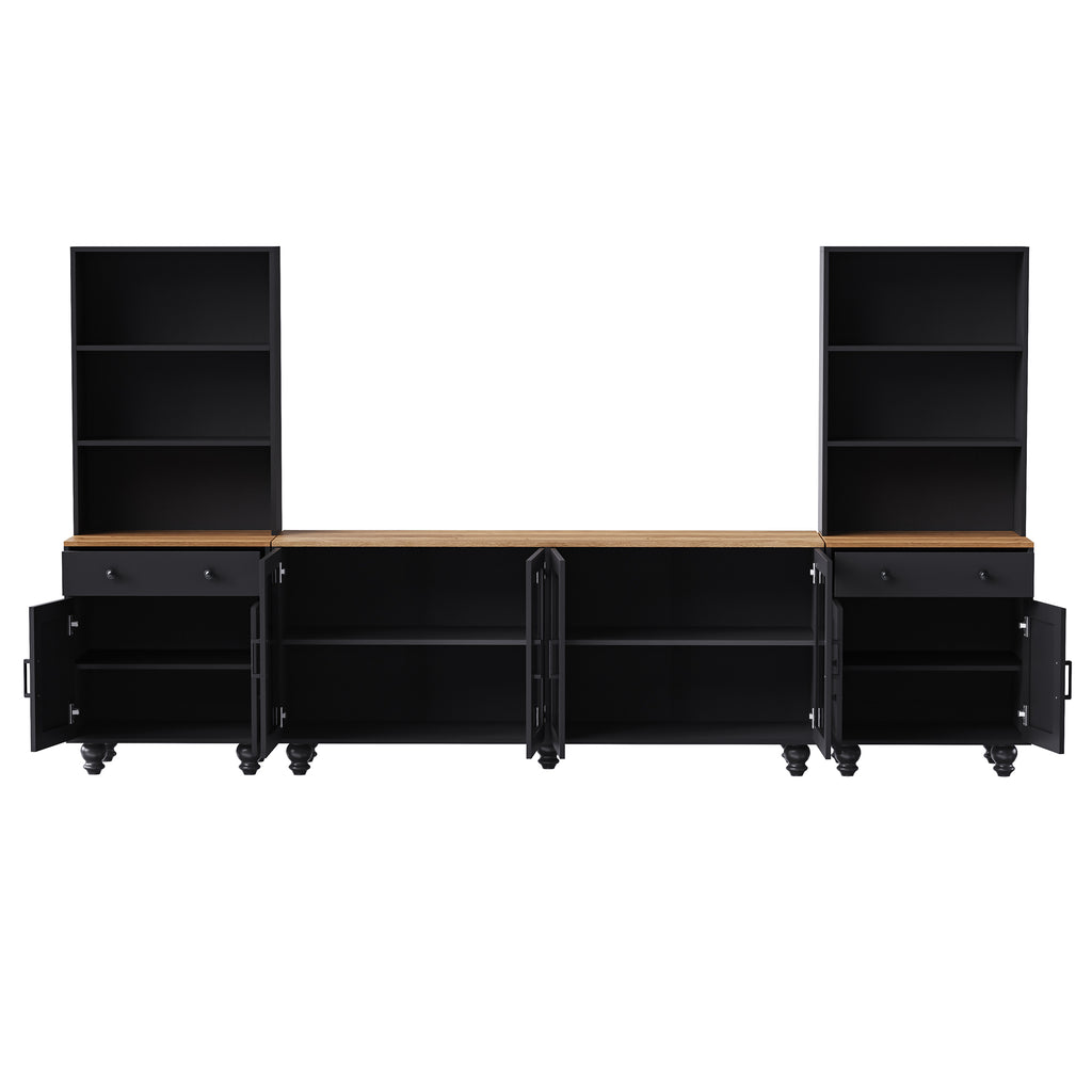 Black media console gourd leg and glass door detail