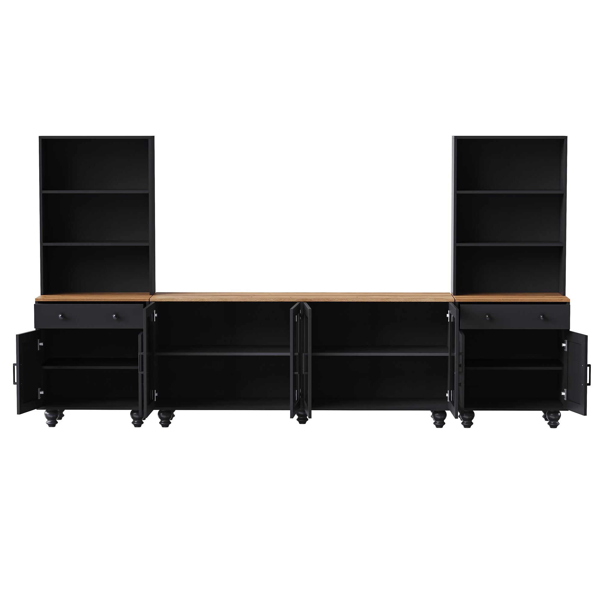 Black media console gourd leg and glass door detail