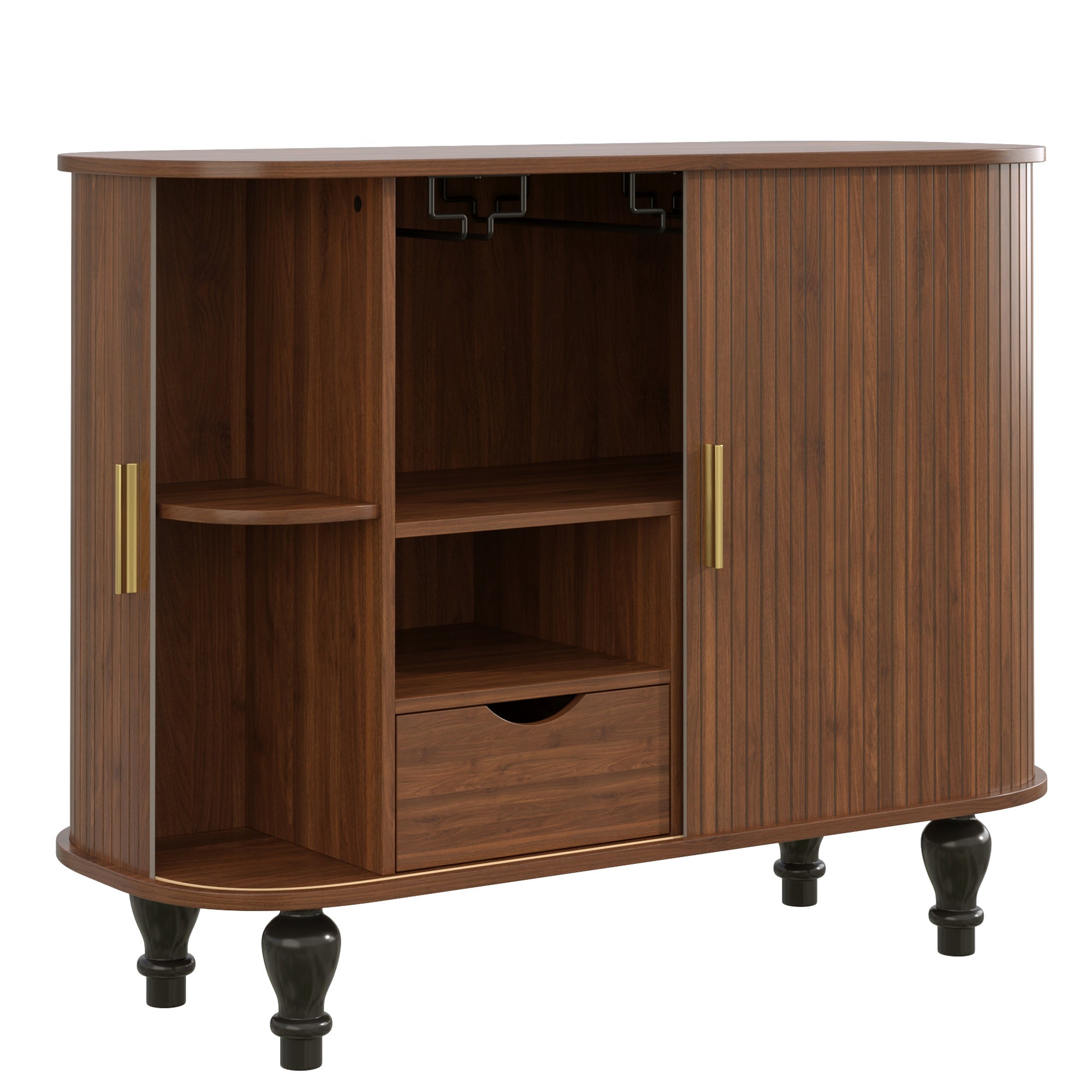 39' Fluted Liquor & Coffee Bar Cabinet with 6 Wine Racks and 3 Glass Holders, Mid-Century Modern Bar Cabinet with A Large Storage Drawer ,4 Hidden Storage Space on the Side , Black