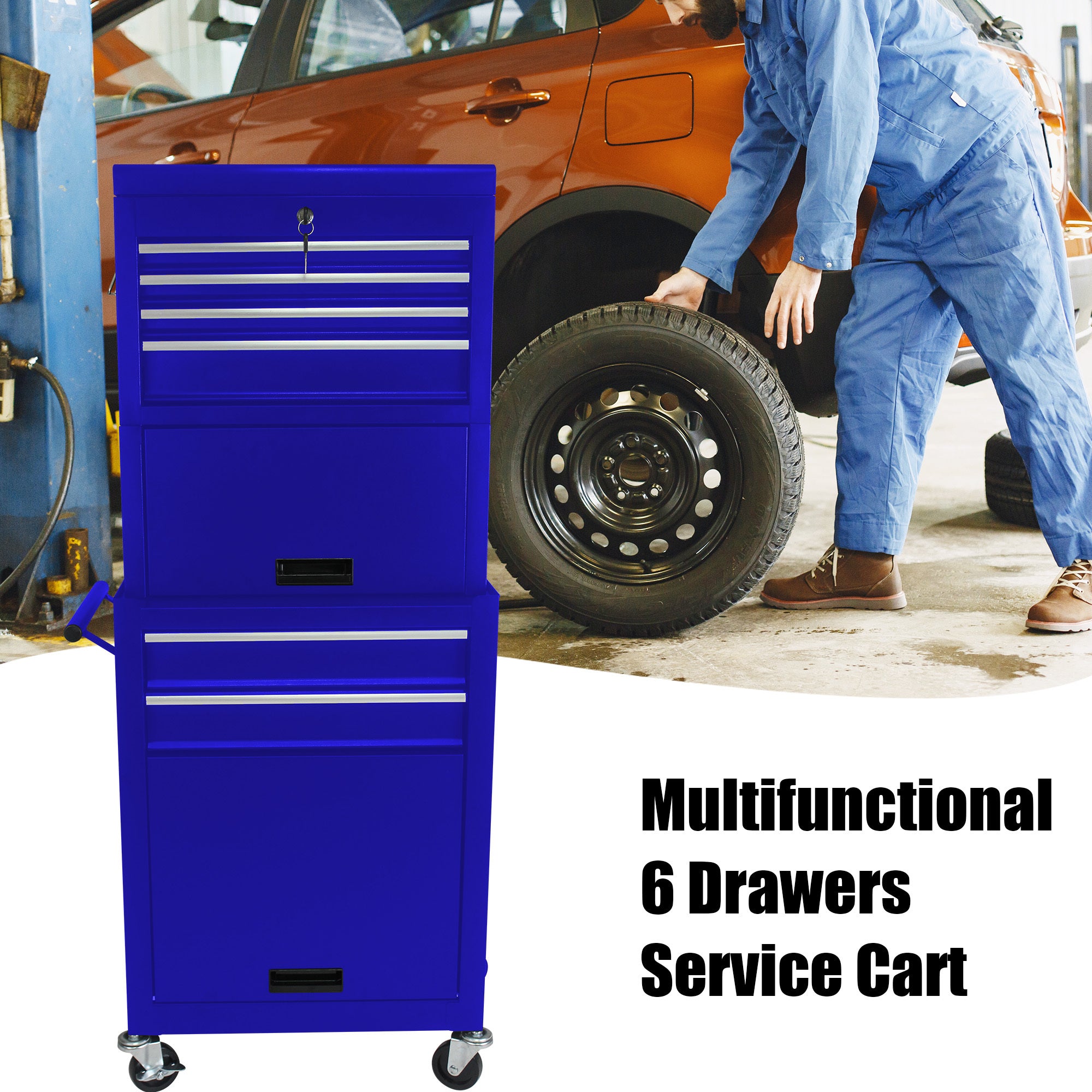 Metal tool storage cabinet on casters — angle view
