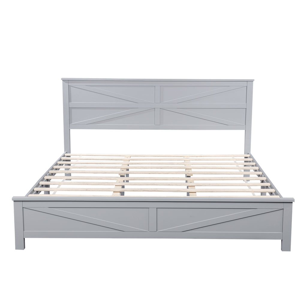 Farmhouse Style King Size Bed with Barn Door Designed Headboard and Footboard, Pinewood Bed with Strengthened Bed Frame,White