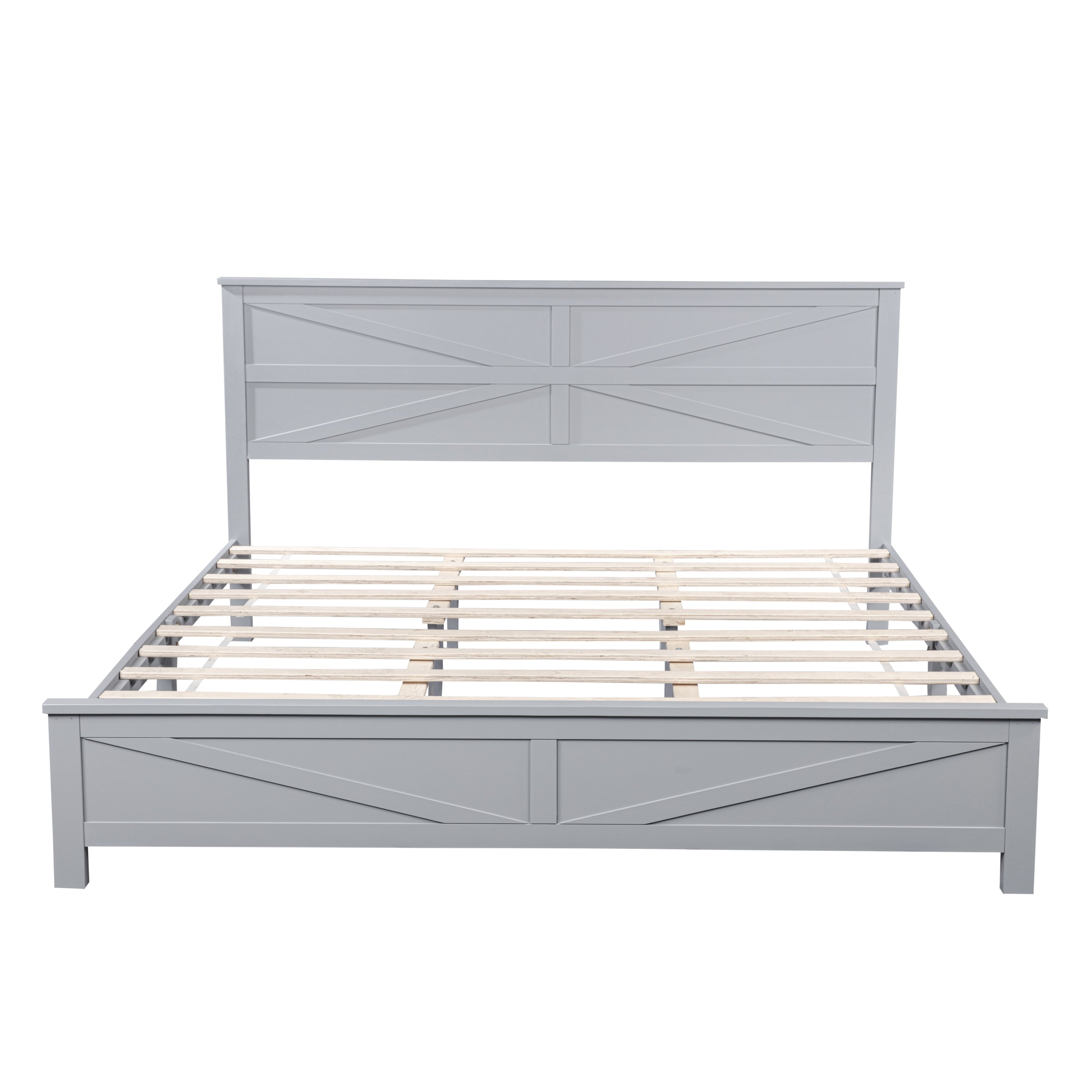 Farmhouse Style King Size Bed with Barn Door Designed Headboard and Footboard, Pinewood Bed with Strengthened Bed Frame,White