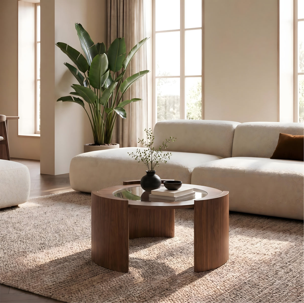 Mid-Century Modern Round Coffee Table, 31.5-Inch Wood and Glass Center Table, Circular Cocktail Table with Thick Curved Legs & Tempered Glass Top for Retro Vintage Living Room, Walnut