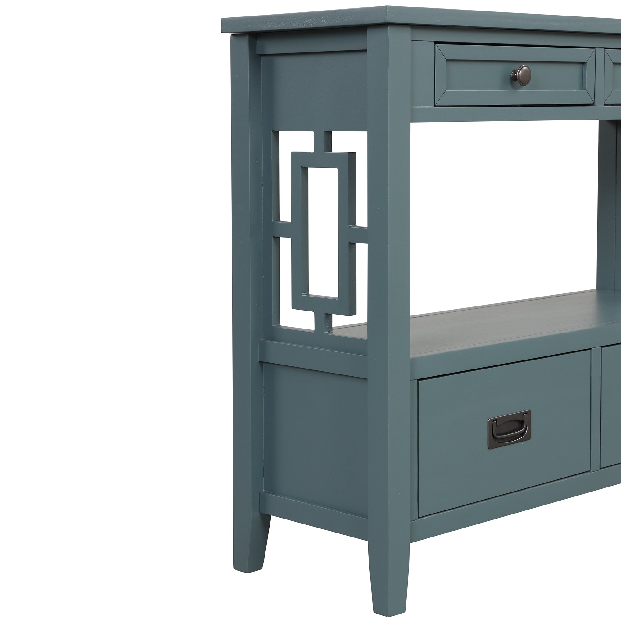 Blue console table top drawers round handles close-up