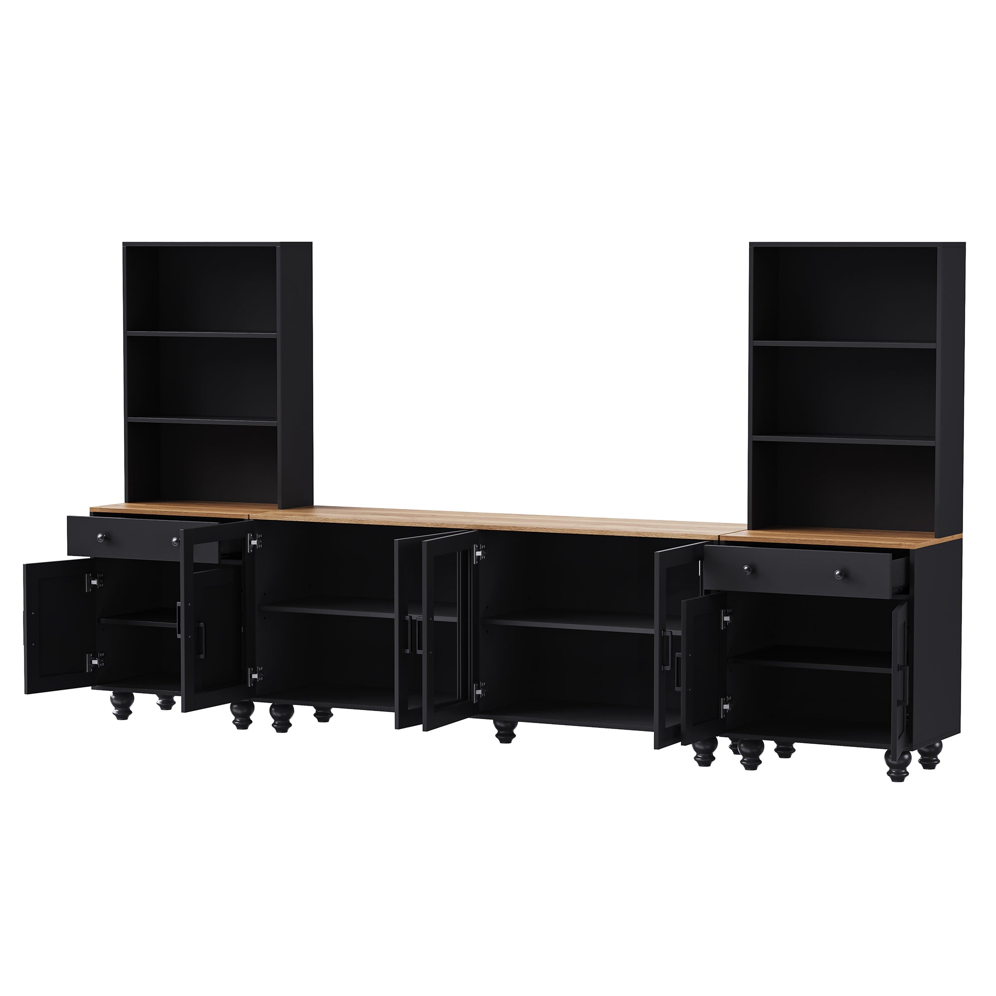 Black farmhouse side cabinet with glass doors close-up