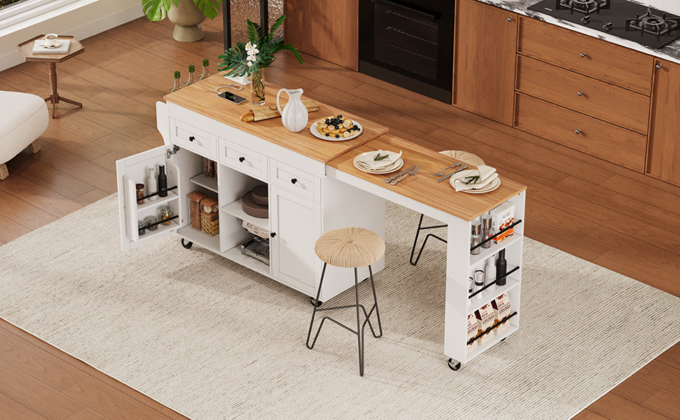 K&K 85.5' Kitchen Island with Extendable Dining Table, Kitchen Storage Table with 3 Side Open Shelves, Rolling Kitchen Island with Power Outlet, 3 Drawers, 2 Doors, for Kitchen, Dining Room, Black