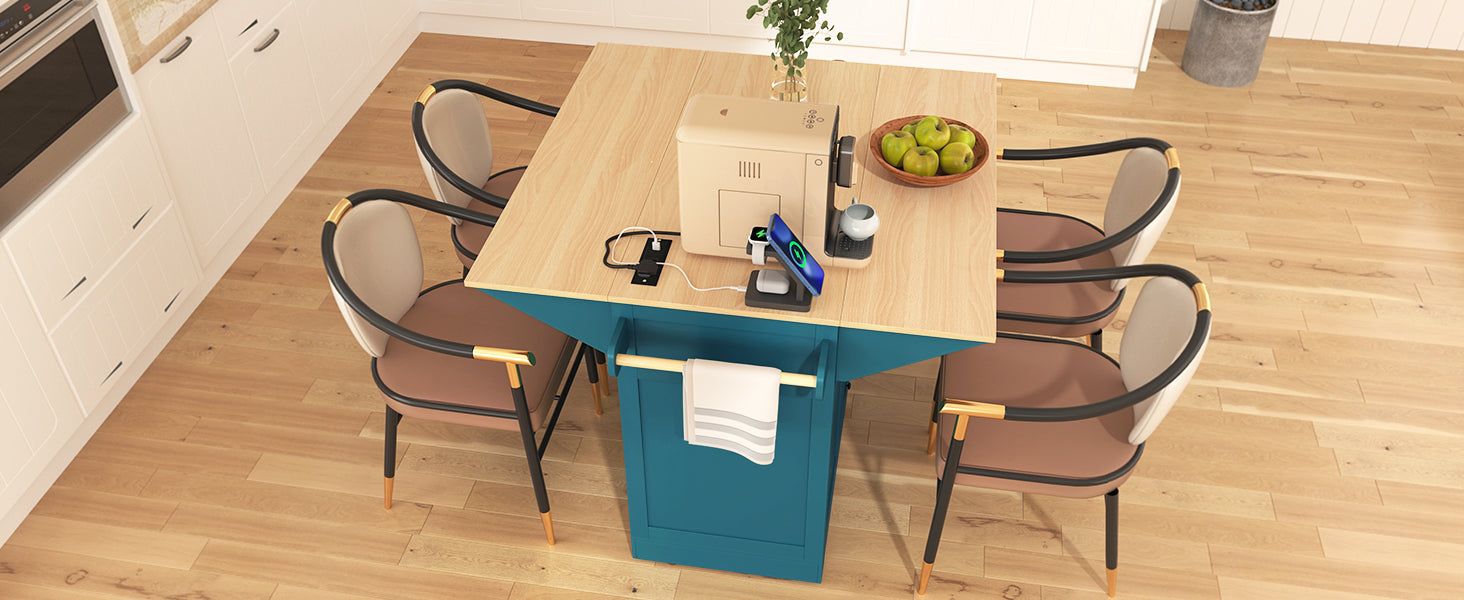 K&K 55.7'' Large Kitchen Island with 2 Drop Leaf,, Rolling Kitchen Cart on 5 Wheels with Power Outlet, Folding Storage Dining Table with Spice & Towel Rack , 3 Drawers, for Kitchen, Dining Room,Black