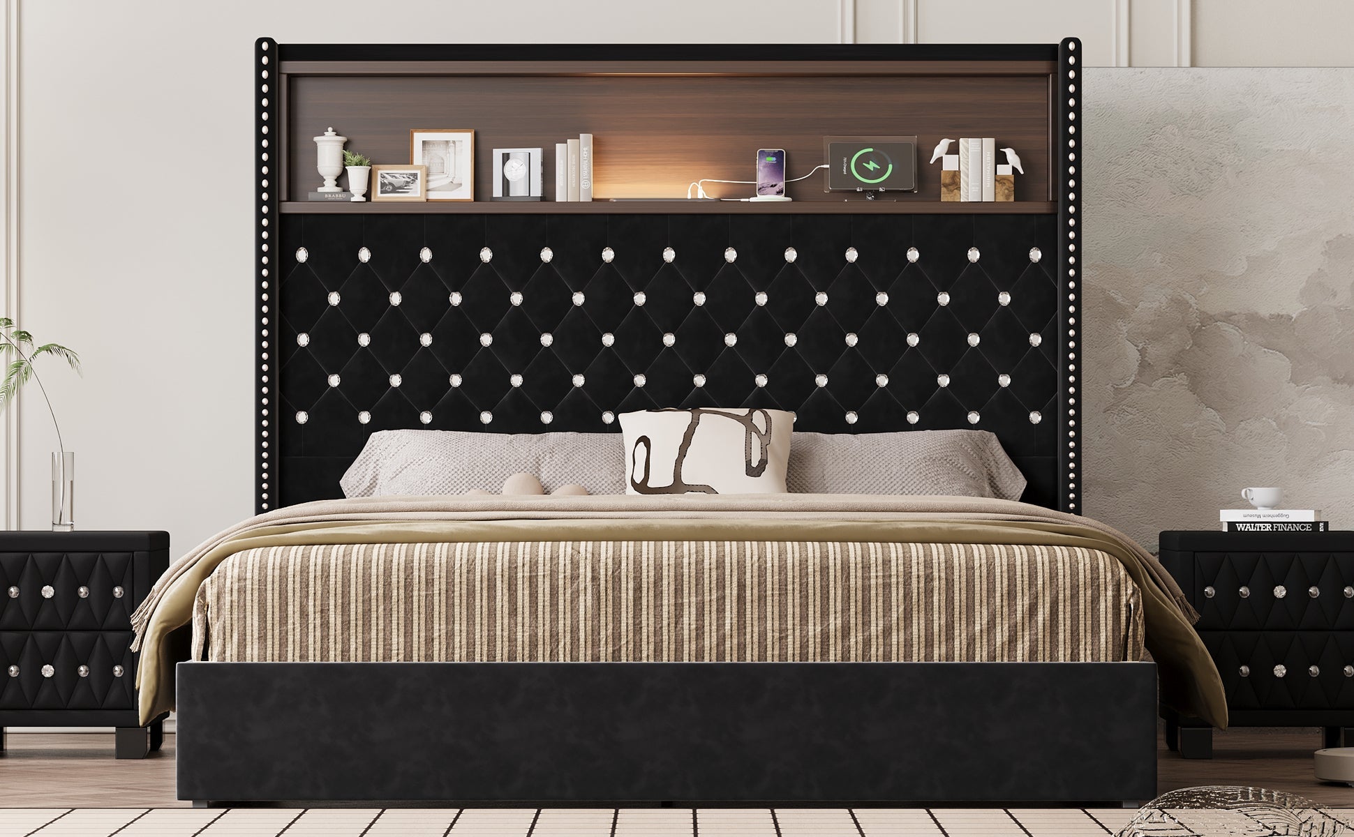 Queen Size Velvet Tufted Soft Bed Frame with USB Port and Night Light,52'' High Headboard with Rivet Decoration, Wing-back Platform Bed with Headboard Shelf, Beige